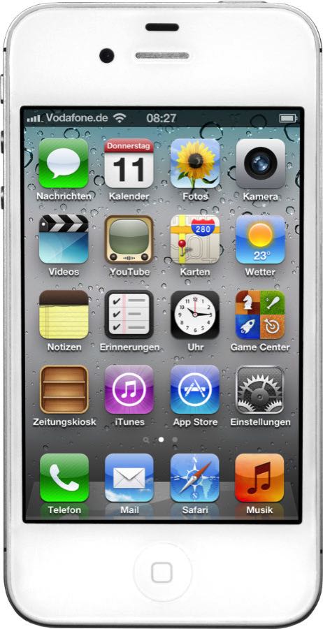 Front des Apple iPhone 4S mit iOS 5 in Weiß aus dem Jahr 2011
